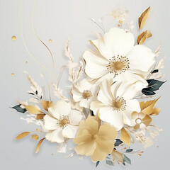 modern composition of white gold flowers on a light background. Wedding, formal bouquet, floristry.