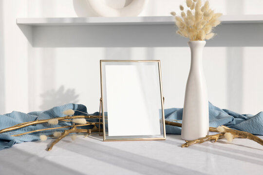 5x7 Card Mockup In Golden Frame With Beige Vase 