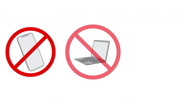 Animation of Set of prohibition icons for mobile phone, laptop and wi-fi. Animated information or digital detox concept.