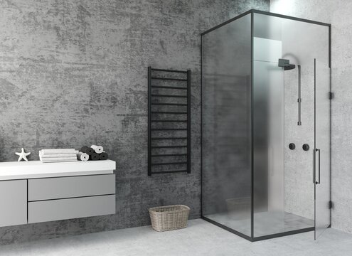 Modern dark glass shower room with led