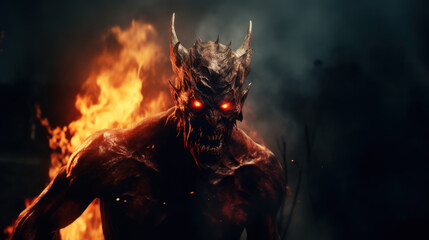 Devil in hell engulfed in flames