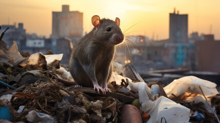 Rat sitting on top of garbage pile in a city - obrazy, fototapety, plakaty