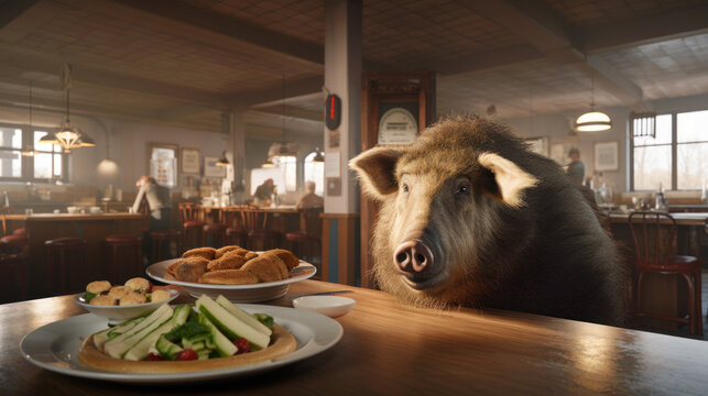 Giant pig at fast food restaurant looking at enormous food plate