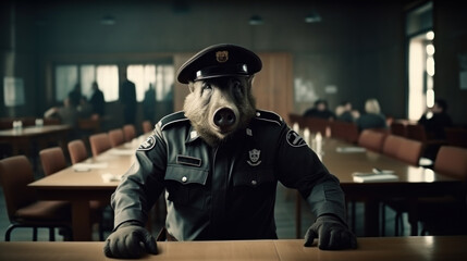 Police officer with wild boar muzzle, corruption concept
