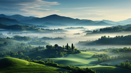 Rolling hills, foggy morning