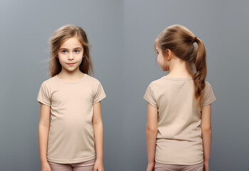 Front and back views of a little girl wearing a beige T-shirt