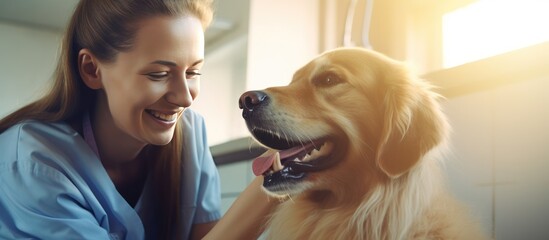 Portrait beautiful female vet nurse doctor examining wit cute dog. AI generated image