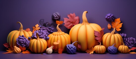 Group of Pumpkins with blueberry on purple background. AI generated image