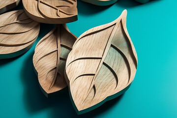 Leaf shaped wooden cup coasters on turquoise background, flat lay