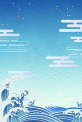 荒ぶる波しぶきと青い和柄背景のイラスト_縦1