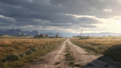 A Tranquil Landscape with a Dirt Road Leading Towards an Endless Horizon