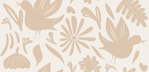 Hand drawn mixed ethno style ornament seamless pattern with birds. Abstract trendy monochrome print.
