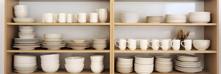 Dishes, plates and cups of beige colors carefully and neatly arranged on the sideboard shelves, space organization and tidy up concept - obrazy, fototapety, plakaty