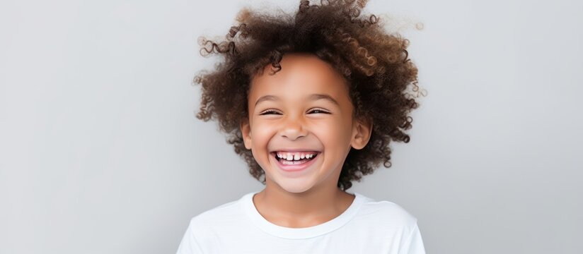Portrait of a cheerful smiling curly hair boy on white background. AI generated image