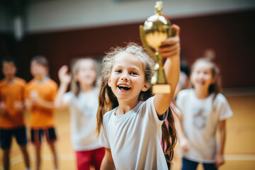 Girl with trophy celebrating victory with friends at school sports court. Winning team of sport tournament for kids children - obrazy, fototapety, plakaty