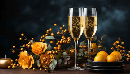 Champagne flutes with golden yellow roses and ribbon - obrazy, fototapety, plakaty