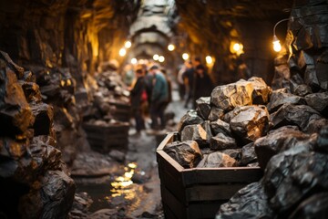 Group of miners working together to load a cart with ore in the heart of an underground gold mine, Generative AI