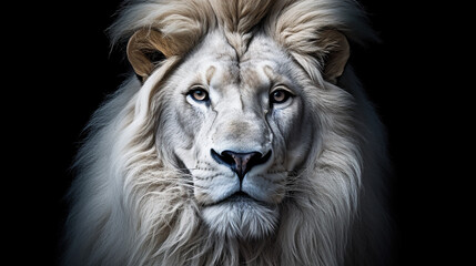 Magnificent Lion king , Portrait of majestic white lion on black background, Wildlife animal - obrazy, fototapety, plakaty