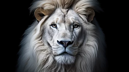 Poster Magnificent Lion king , Portrait of majestic white lion on black background, Wildlife animal © Boraryn
