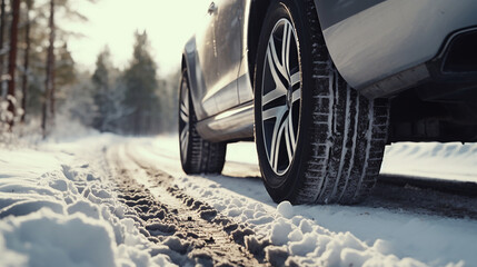 雪道を走る車のタイヤ - obrazy, fototapety, plakaty