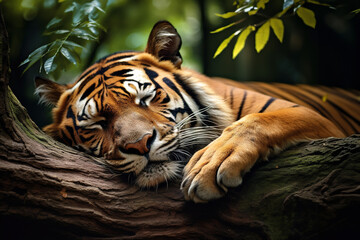 Image of tiger sleeping lying in the forest. Mammals. Wildlife Animals.
