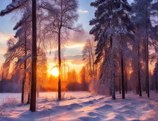 Sunset in the wood in winter period. Generated AI