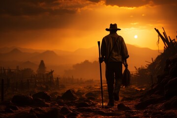 Lone gold miner silhouetted against the setting sun, their pickaxe resting on their shoulder, Generative AI