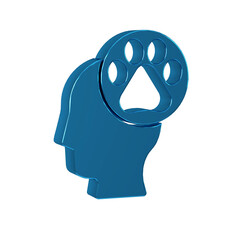 Blue Human head with animals footprint icon isolated on transparent background. Pet paw in heart. Love to the animals.
