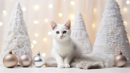 Cute white fluffy kitten sitting and looks at the camera, surrounded by a Christmas-decorated room...