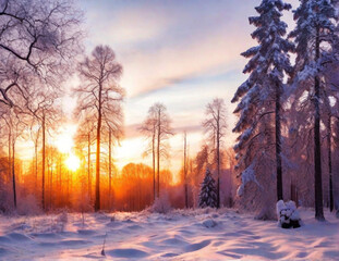 Sunset in the wood in winter period. Generated AI