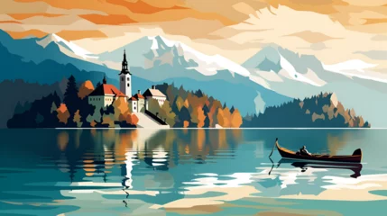 Deurstickers simple vector illustration, Lake Bled, Slovenia © l1gend