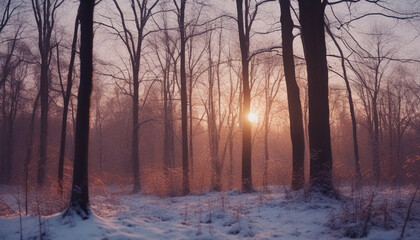 Sunset in the wood in winter period. Generated AI