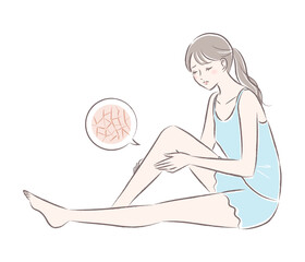 足の乾燥肌に悩む若い女性のイラスト © Takae