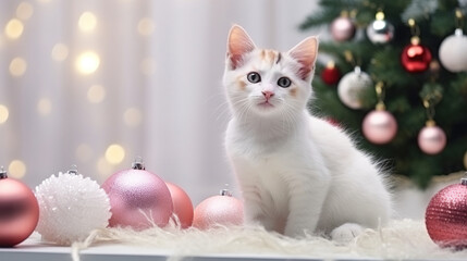 Cute fluffy white kitten sitting and looks at the camera. Christmas tree, Christmas balls and blurred Christmas lights on background. - 683336596