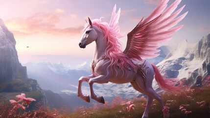Pink unicorn with the wings reared in the grass
