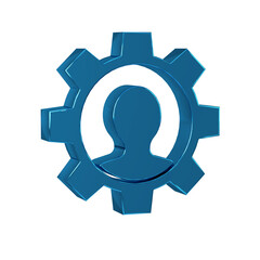 Blue Human with gear icon isolated on transparent background. Artificial intelligence. Thinking brain sign. Symbol work of brain.