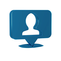 Blue Map marker with a silhouette of a person icon isolated on transparent background. GPS location symbol.