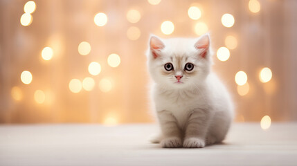 Cute white fluffy kitten sitting and looks at the camera, surrounded by a Christmas-decorated room in a modern Scandinavian style. Minimalist festive holiday decor, warm and inviting atmosphere - 683337570