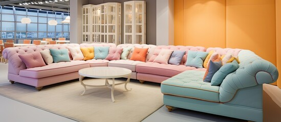 Pastel colored room showcasing corner sofas in the furniture store