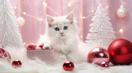 Cute white fluffy cat lying and looks at the camera, surrounded by a Christmas-decorated room in a modern Scandinavian style. Minimalist festive holiday decor, warm and inviting atmosphere. Festive - 683337973