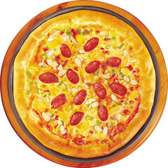 Tasty pepperoni pizza with mushrooms and olives, Pepperoni pizza on white , Delicious vegetarian pizza with champignon mushrooms, tomatoes, mozzarella, peppers and black olives, isolated on white back