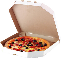 pizza with in a box, Blank pizza box design mock up top view isolated. Carton packaging , pizza on the white background , Pizza delivery concept. Baked products in a cardboard box 