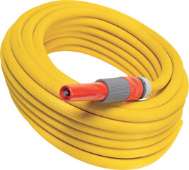 Rolled up garden hose isolated on white, yellow  Garden Hose with Sprayer, yellow  Garden Hose