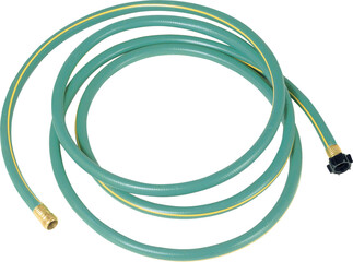 Rolled up garden hose isolated on white, Green Garden Hose with Sprayer, Green Garden Hose
