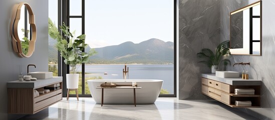 Stylish light gray bathroom with marble floor and wall wooden sink counter copper frame mirror and nature view from large windows
