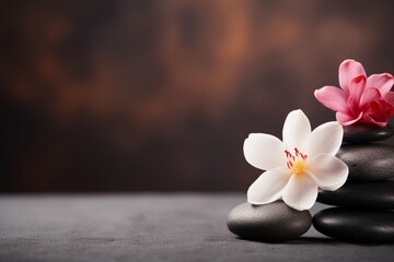 Spa background with massage stones, exotic flowers and copy space