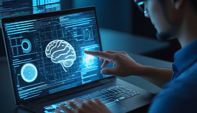 Business man hands using  an hologram which  projects  images reffered to data analysis, coding computer language with digital brain, machine learning on a computer.