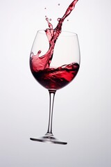 Glass of splashing red wine on light pastel background, close up view