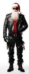 full body view of santa claus with sunglasses dressed in black leather biker outfit . white background . generative ai