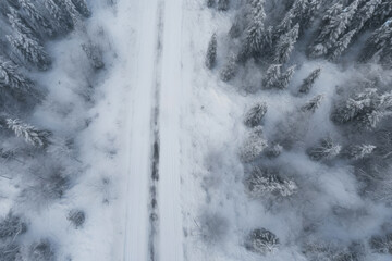 Winter Trail: Aerial Perspective of Tire Marks in Snow
